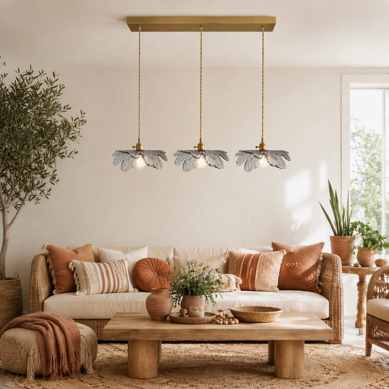 NEW Anthropologie 3-Light Blue Gold & Blue Glass Floral Light Fixture Chandelier
