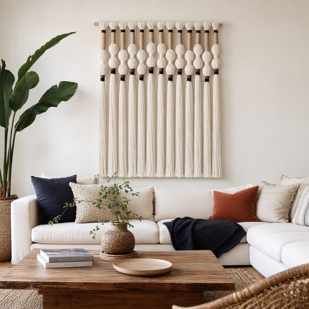 NEW Anthropologie XL Boho White Ball Tassel Tapestry Woven Wall Hanging - 33"