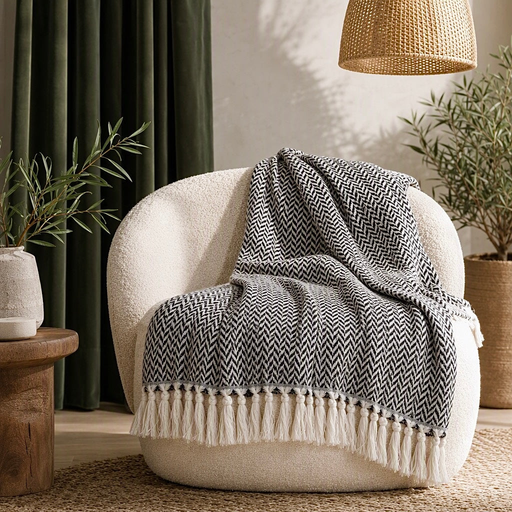 NEW West Elm Boho Black & White Turkish Cotton Throw Blanket Bedding - 60" x 50"