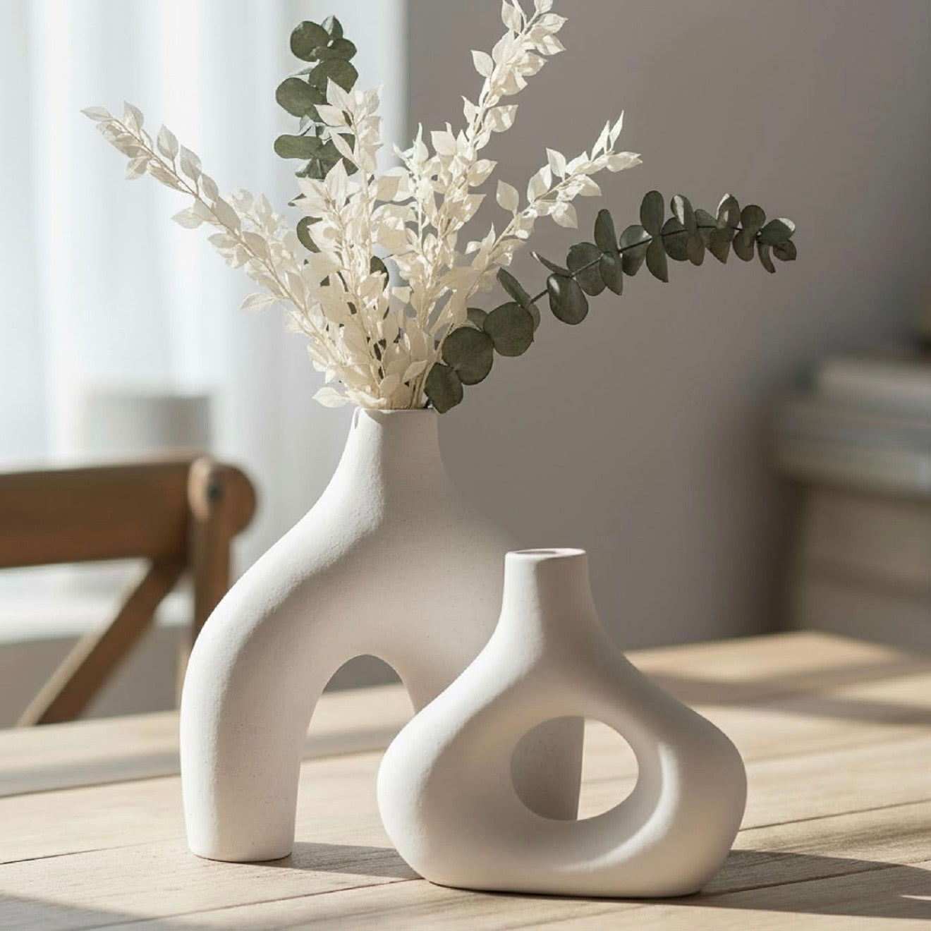 NEW West Elm (Set 2) Large Cream Abstract Boho Ceramic Abstract Flower Vase Set