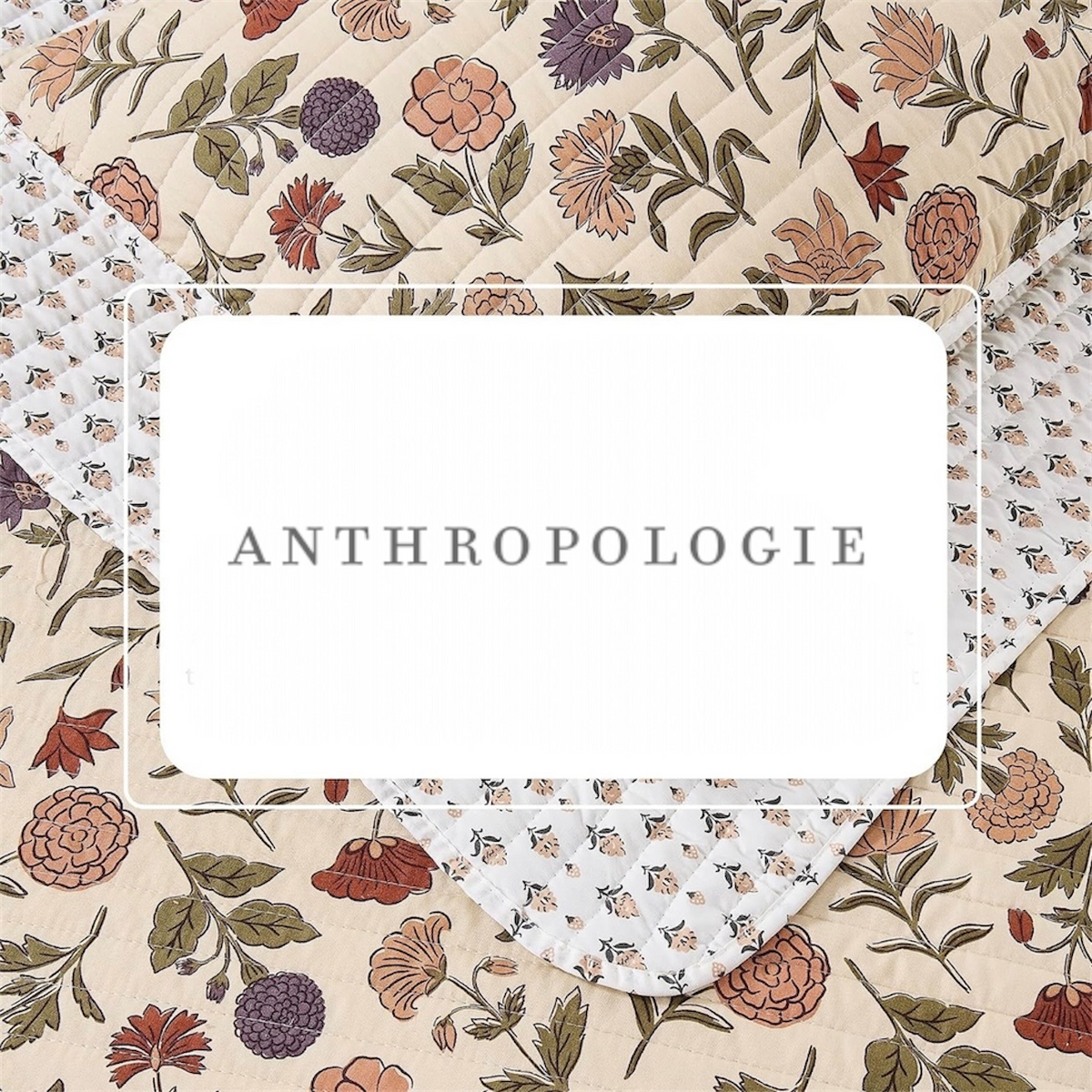 NEW Anthropologie Beige Boho Floral Reversible Quilt Bedspread Bedding Sham Set