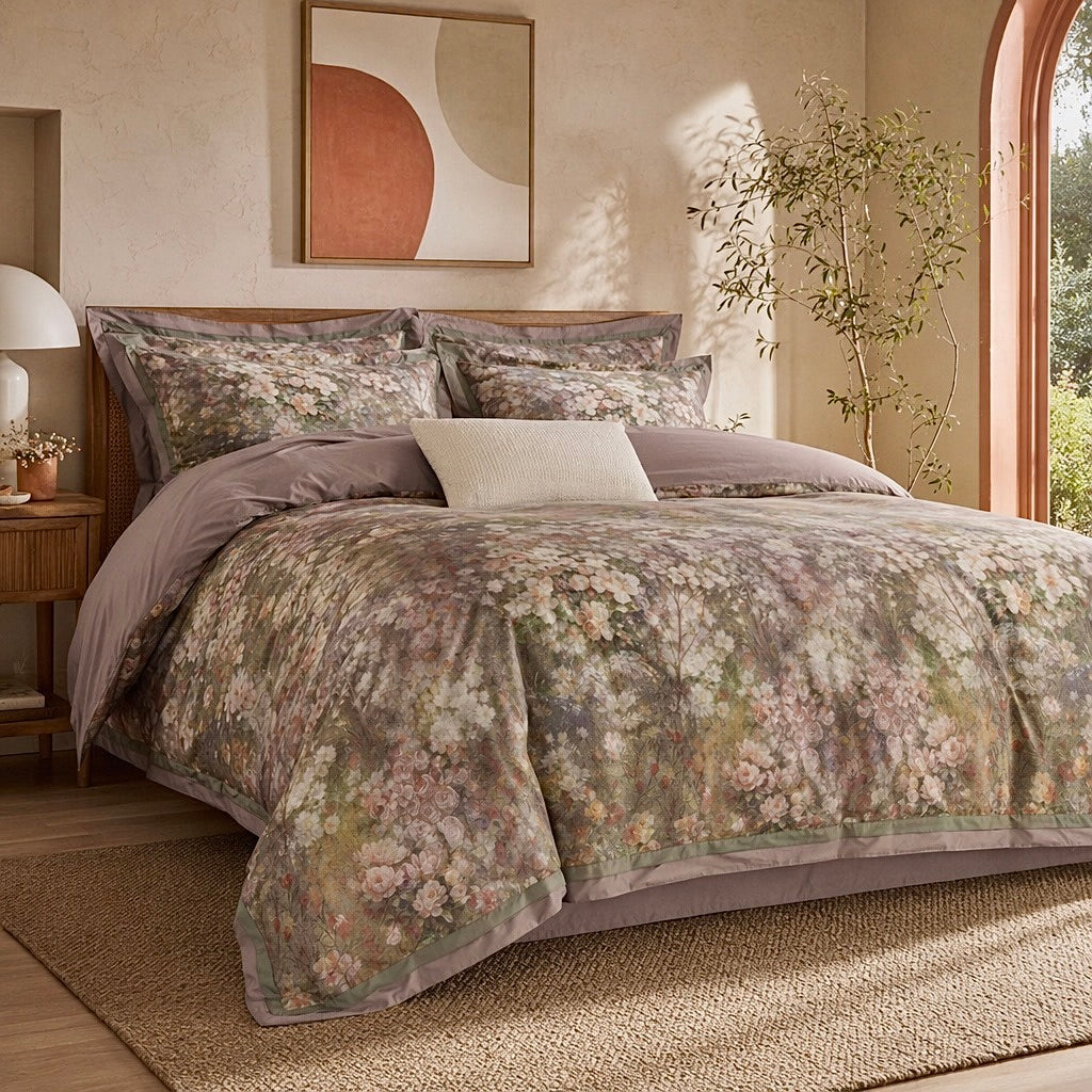 NEW Anthro Blush Pink Silk Floral Boho Cotton King Size Bedding Duvet & Sham Set