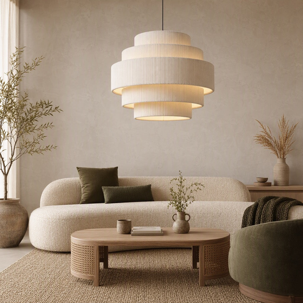 NEW West Elm 5-Tier Boho Beige Corduroy Boho Chandelier Hanging Light Fixture