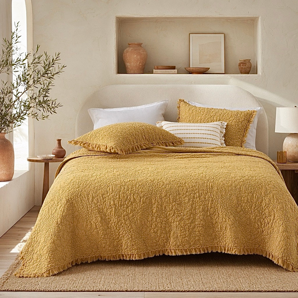 NEW Anthro Orange Yellow Ruffle Crinkled Queen / King Bedding Quilt & Sham Case