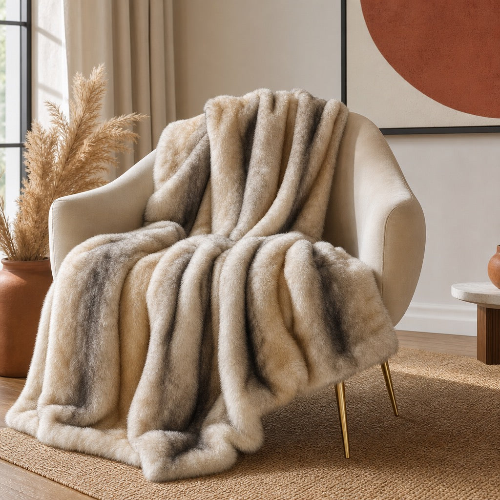 NEW West Elm Boho Brown Faux Fur Thick Mink Throw Blanket Bedding - 60" x 50"