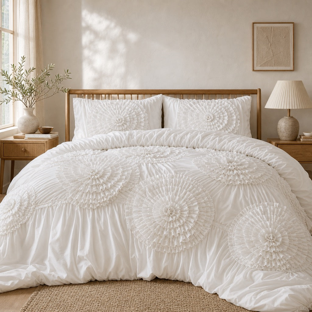 NEW Anthropologie Ivory Floral Tufts Queen King Boho Comforter Bedding Sham Set