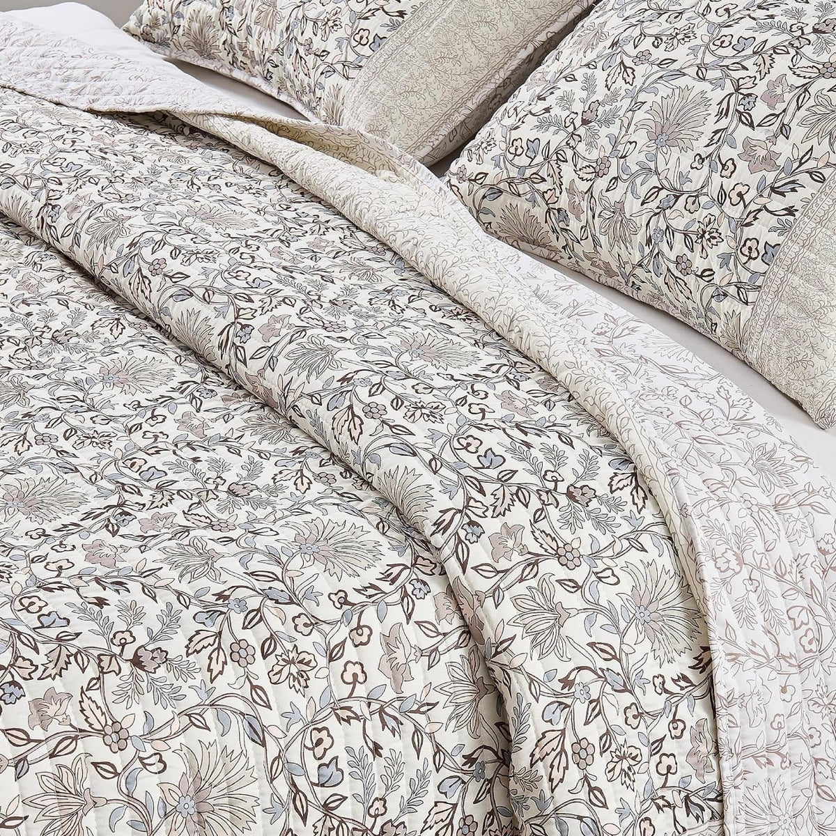NEW West Elm Blue White Botanical Reversible Queen King Bedding Quilt & Sham Set