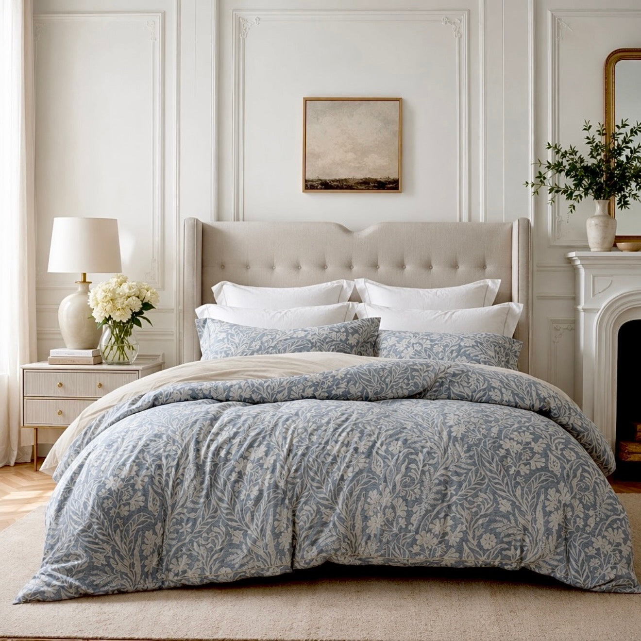 NEW West Elm Blue Cotton Floral Botanical Queen / King Bedding Duvet & Sham Set