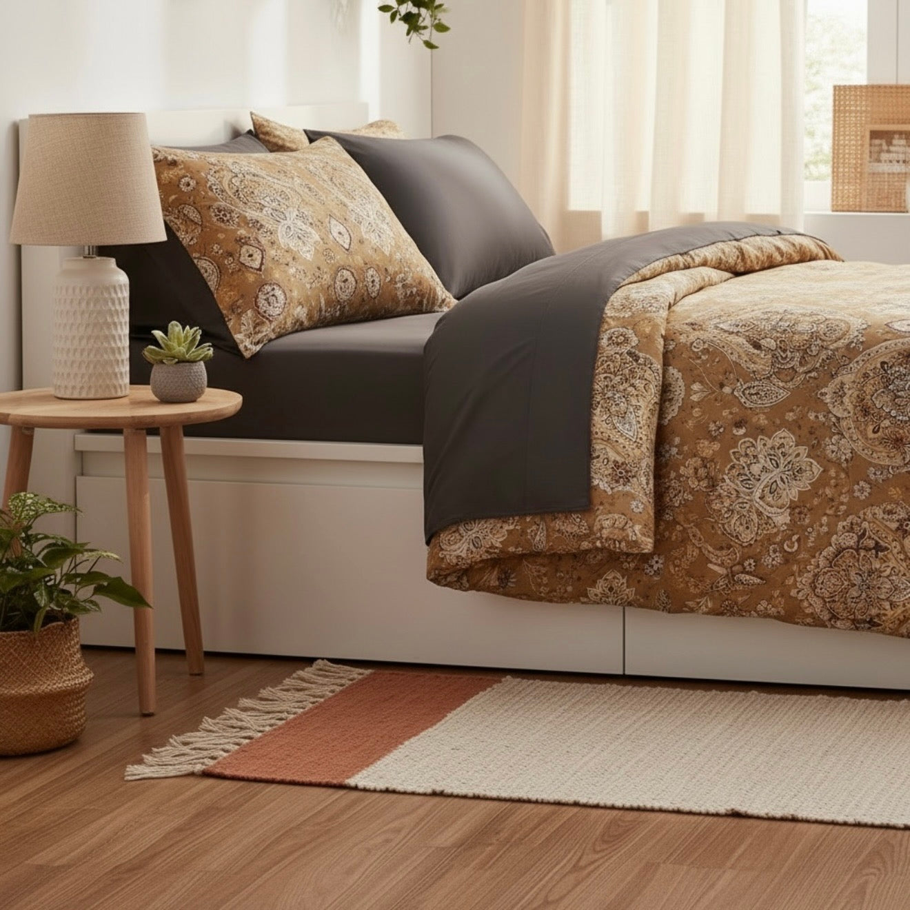NEW West Elm Beige Floral Orange Paisley Queen / King Bedding Duvet & Sham Set