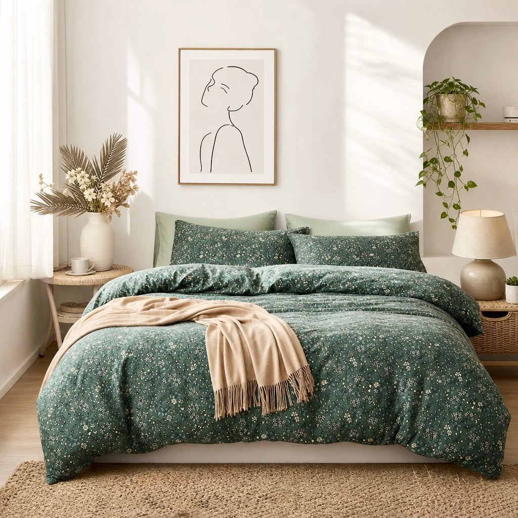 NEW Anthro Green Vintage Style Cotton Queen King Cotton Bedding Duvet & Sham Set