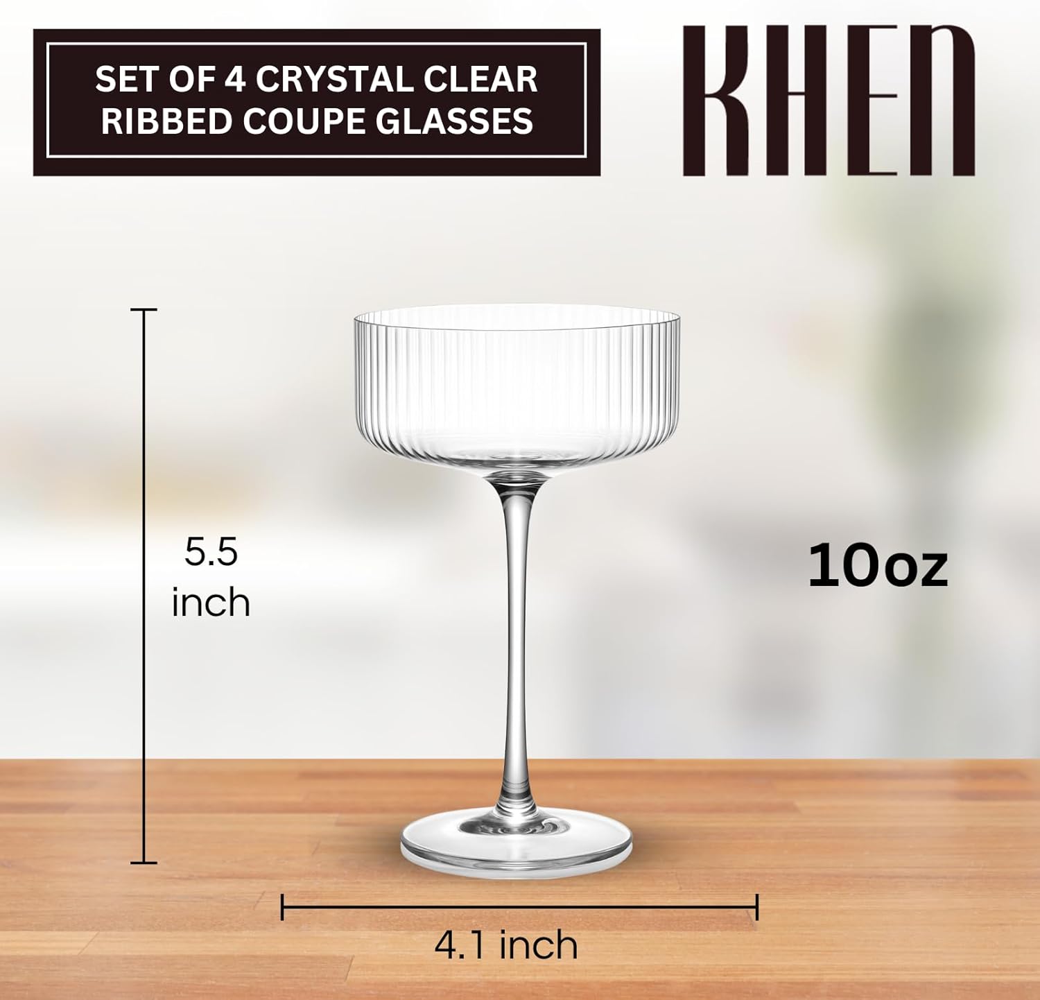 Ribbed Coupe Glasses Set Crystal Bar Drinkware – 10oz Clear