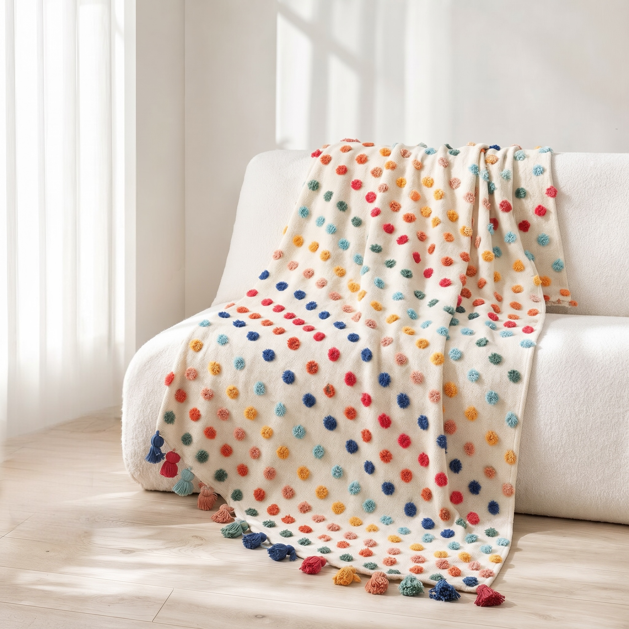 New Anthropologie Boho Tassel Pom Pom Colorful Throw Blanket Bedding - 50" x 60"