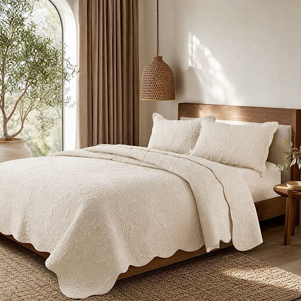 NEW Anthropologie Ivory Queen / King Size Reversible Quilt Bedspread Blanket & Sham Set