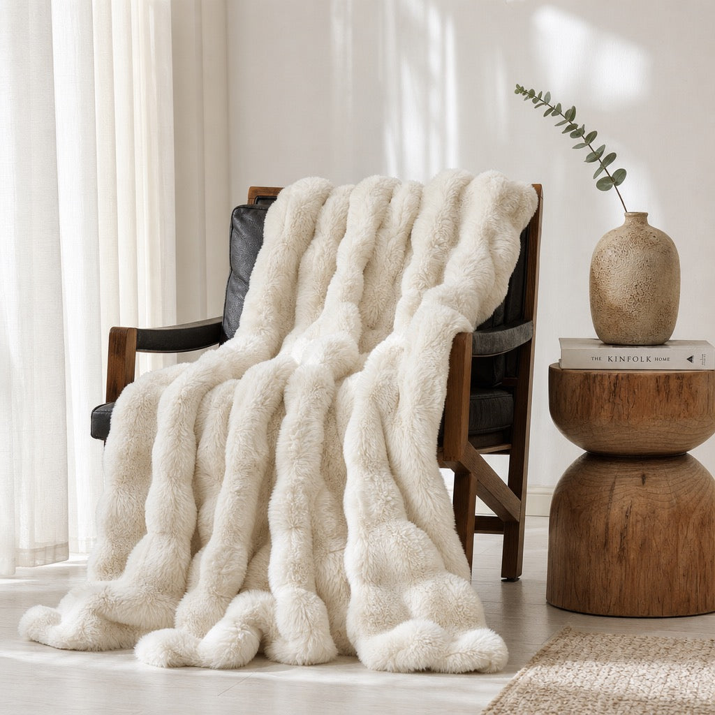 NEW West Elm Boho Ivory Faux Rabbit Fur Plush Throw Blanket Bedding - 50" x 60"