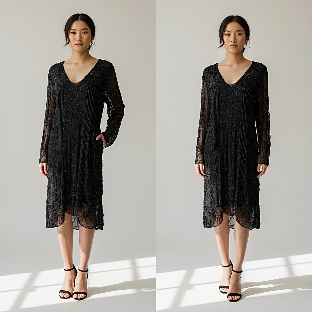 Vintage Saks Fifth Avenue Black Floral Beaded Sheer Tunic Sheath Dress - Large