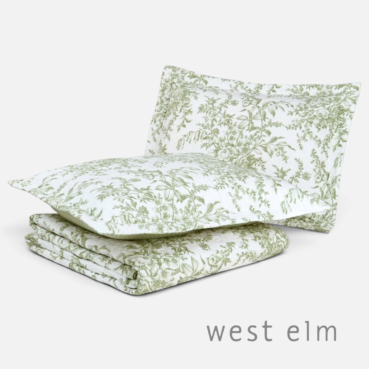 NEW West Elm Green White Floral Vintage Cotton Queen King Bedding Quilt Sham Set