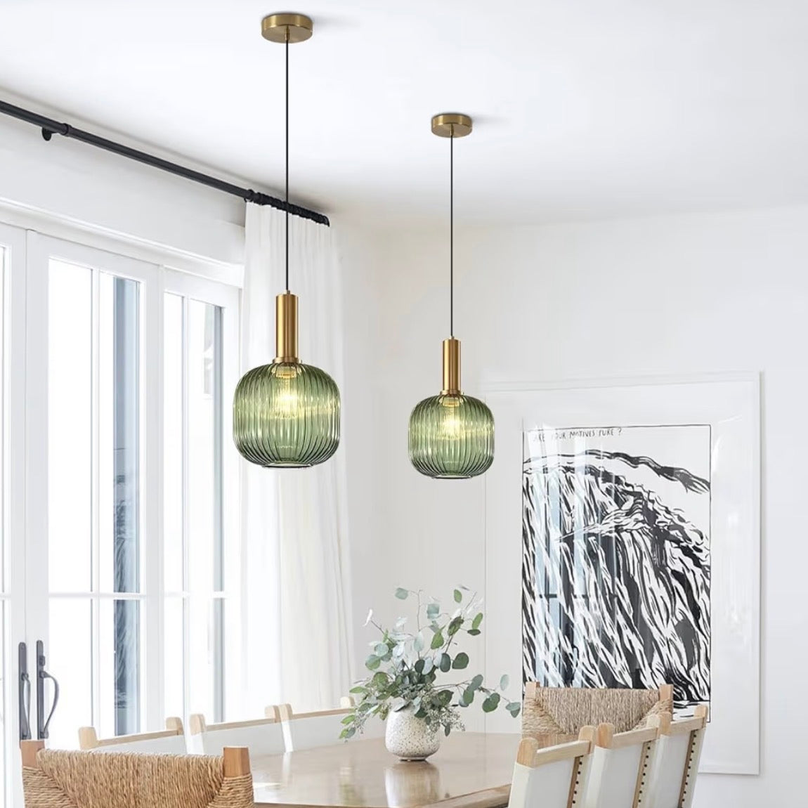 NEW West Elm Vintage Retro Green Glass Globe Hanging Gold Pendant Light Fixture