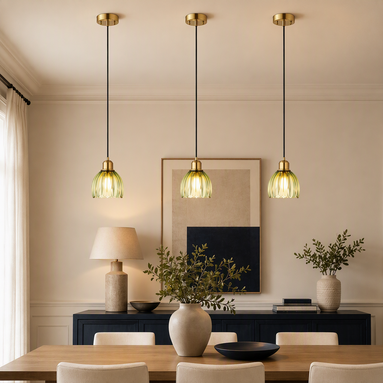 NEW West Elm Vintage Retro Green Gold Glass Tulip Hanging Pendant Light Fixture