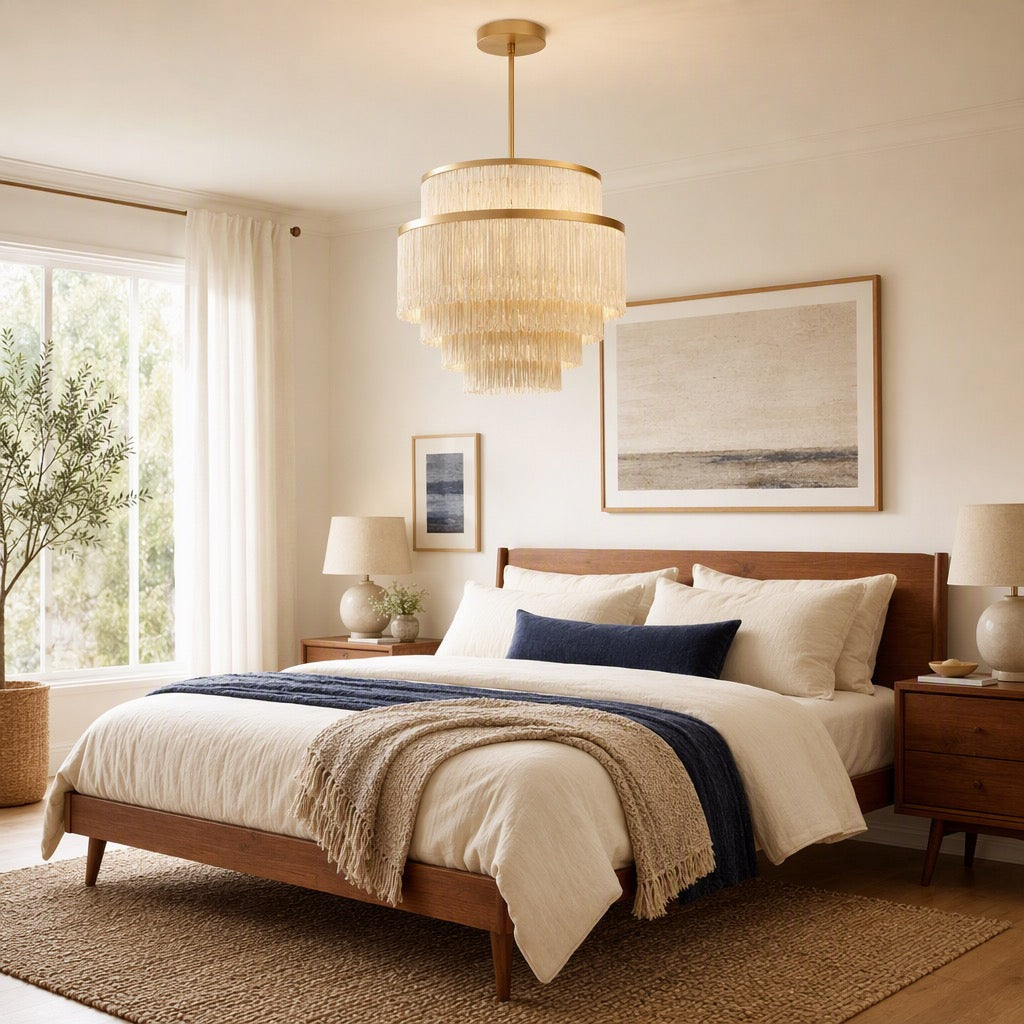 NEW Anthropologie Chandelier Mid-Century Boho Fringe Gold Ceiling Light Fixture