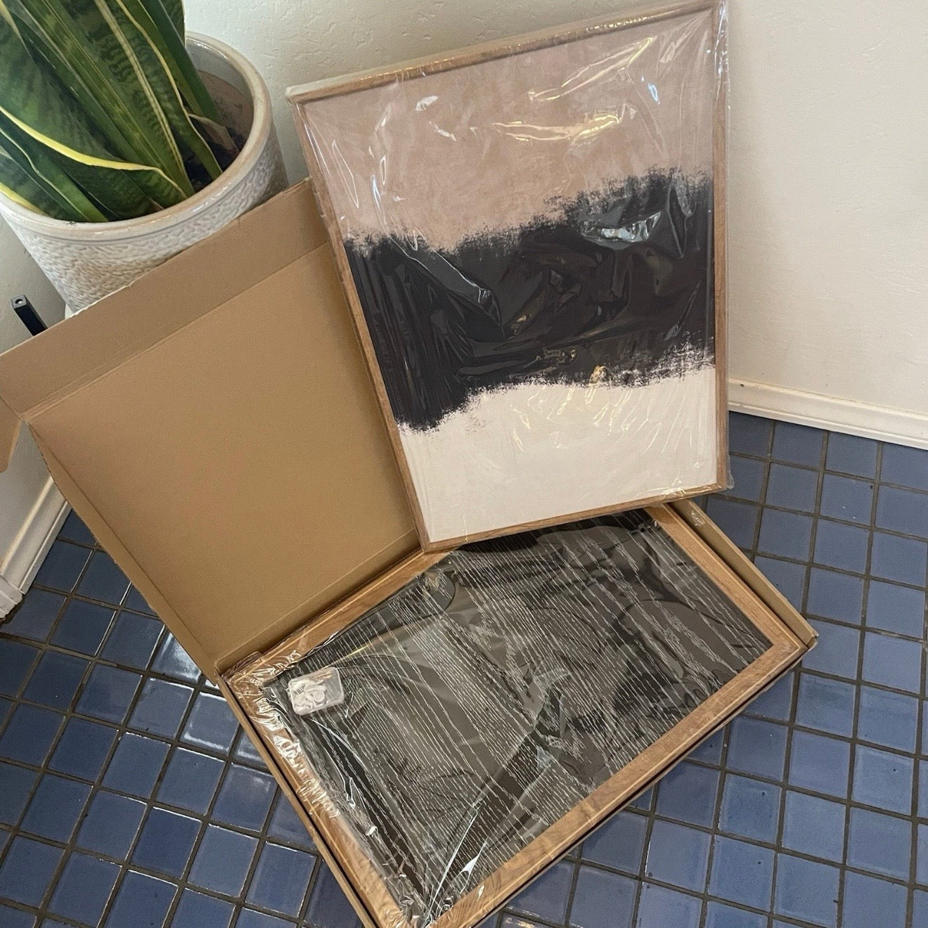 New West Elm Large Abstract Set of 3 Framed Canvas Wall Art Paintings Decor 24"