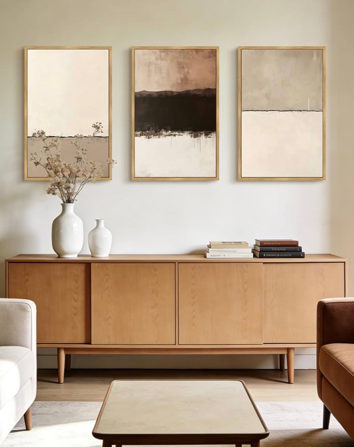 New West Elm Large Abstract Set of 3 Framed Canvas Wall Art Paintings Decor 24"