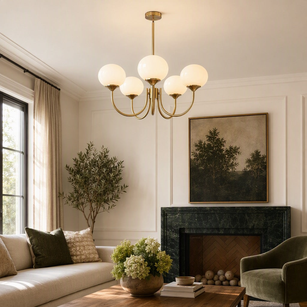NEW Anthropologie 5-Light Gold White Chandelier Retro Boho Light Ceiling Fixture