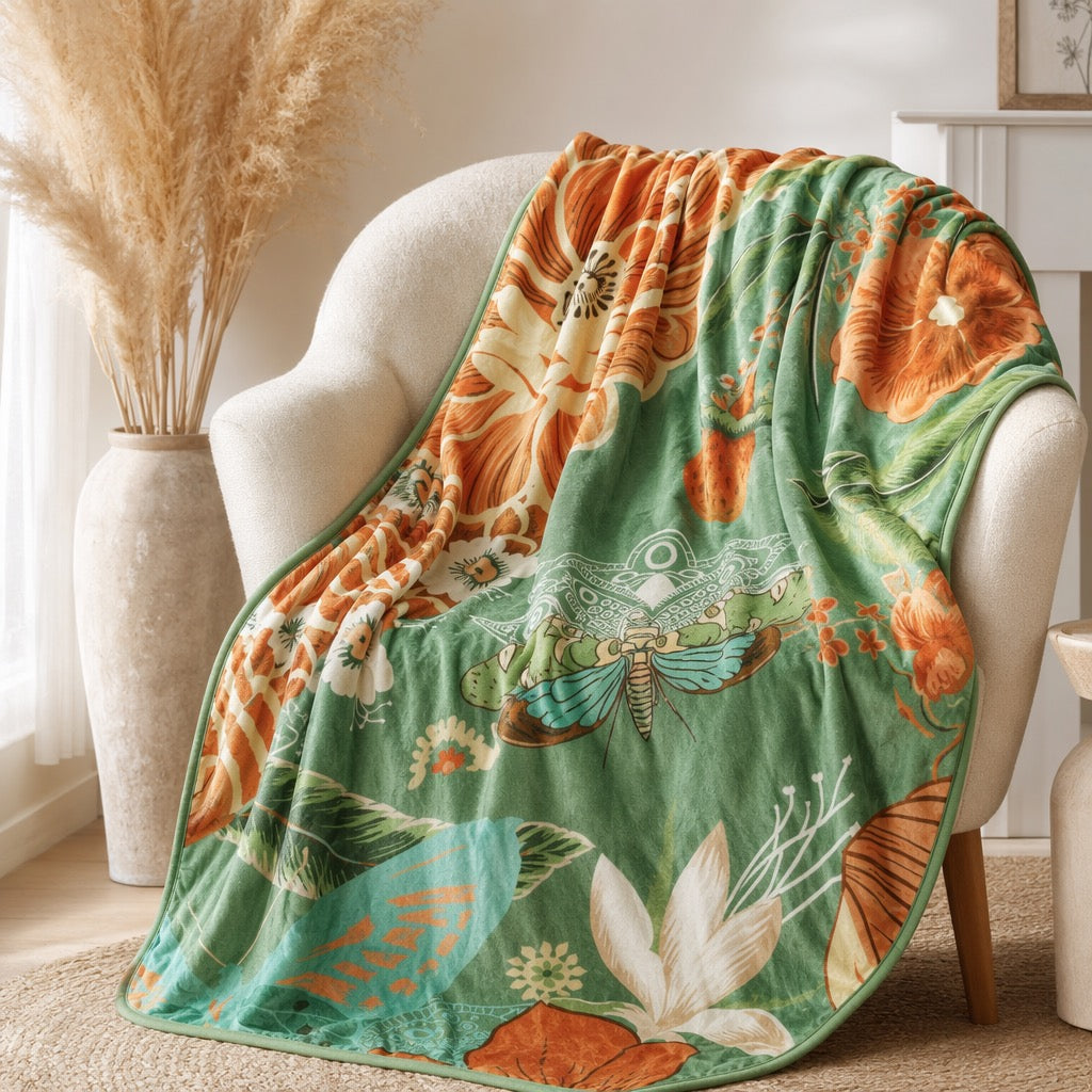 NEW Anthropologie XL Queen Size Boho Green Floral Fleece Blanket Bedspread 90x90