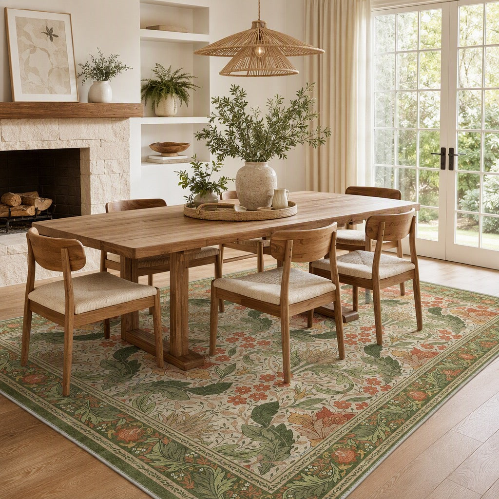 NEW Anthropologie Green Orange Floral Vintage Washable Area Rug Carpet - 5' x 7'