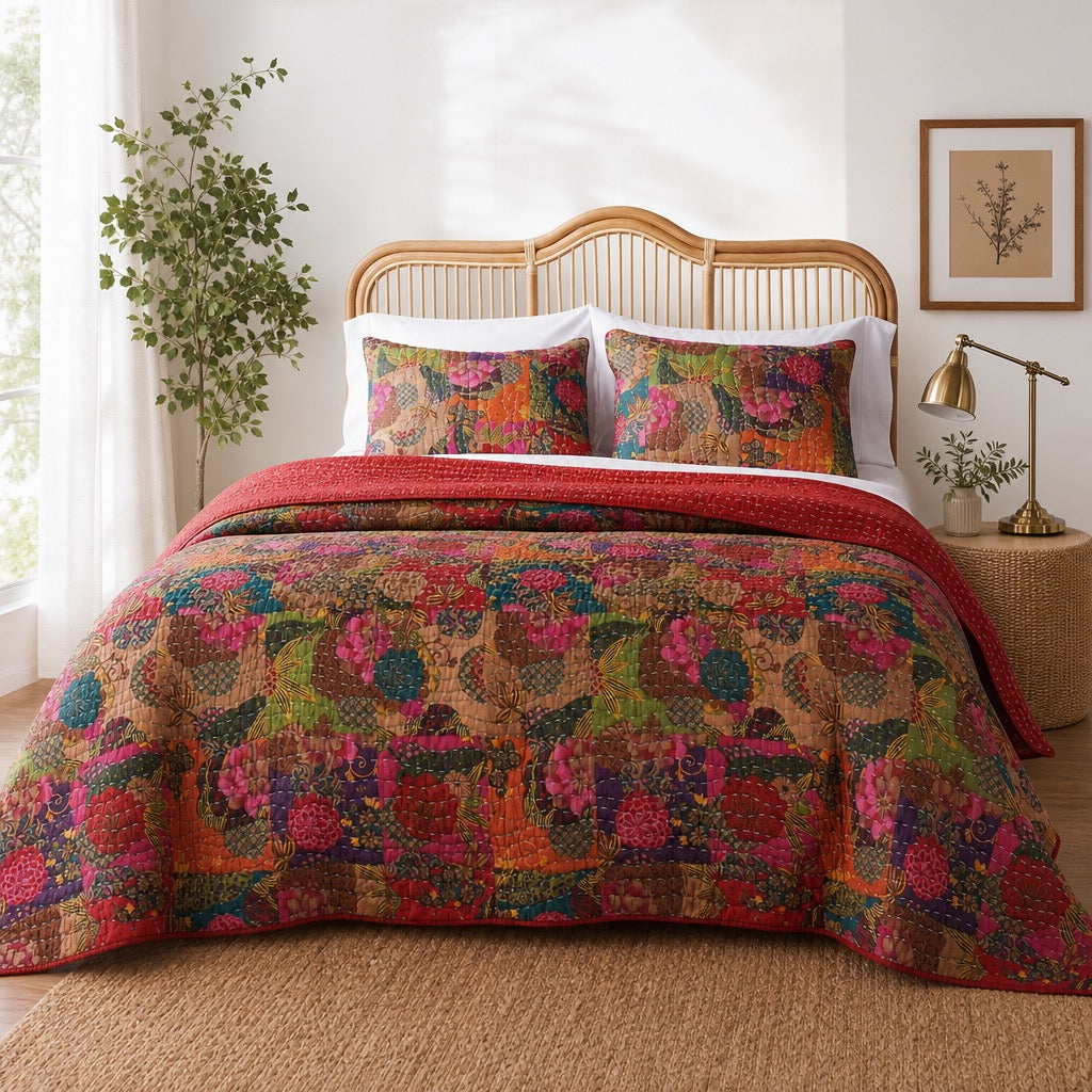 NEW Anthropologie Red Multicolor Floral Boho King Quilt Bedspread Bedding & Sham Set