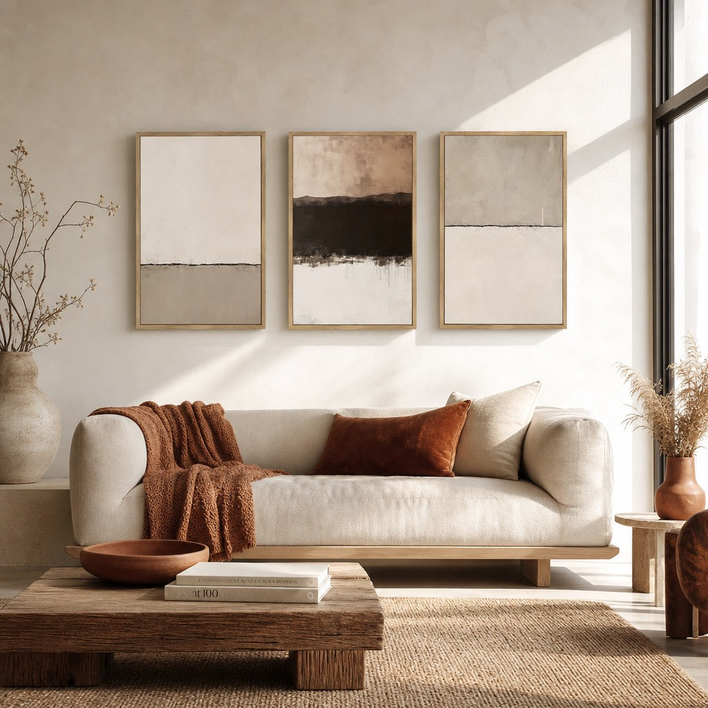 New West Elm Large Abstract Set of 3 Framed Canvas Wall Art Paintings Decor 24"