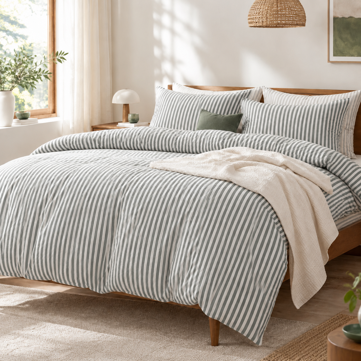 NEW West Elm White & Grey Striped Cotton Simple Modern Bedding Duvet & Sham Set