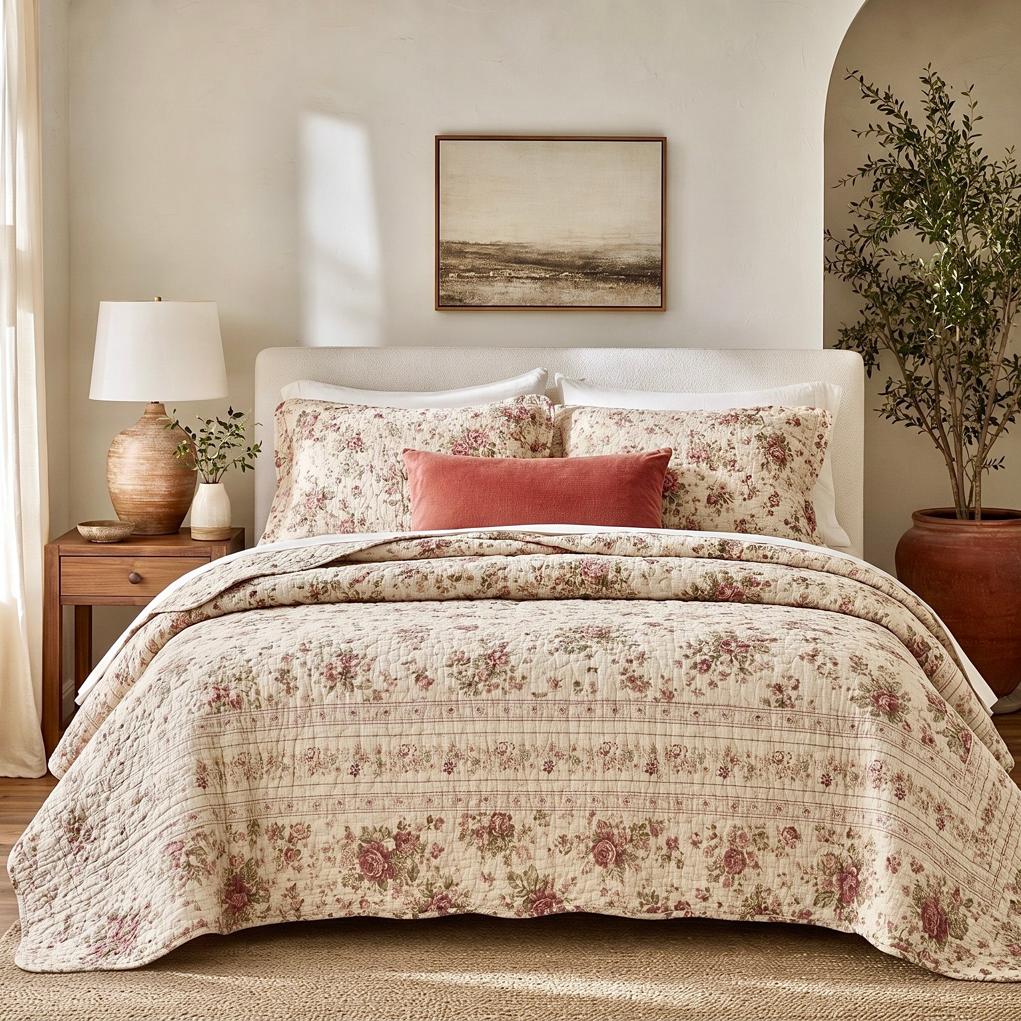 NEW Anthropologie White Red Floral Cream Queen / King Quilt Bedspread Bedding Sham Set