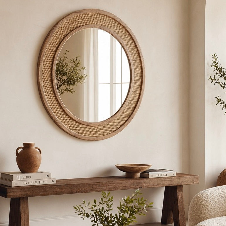 NEW West Elm Large Round Mirror Wicker Rattan Boho Wall Hanging Decor - 24” Diam
