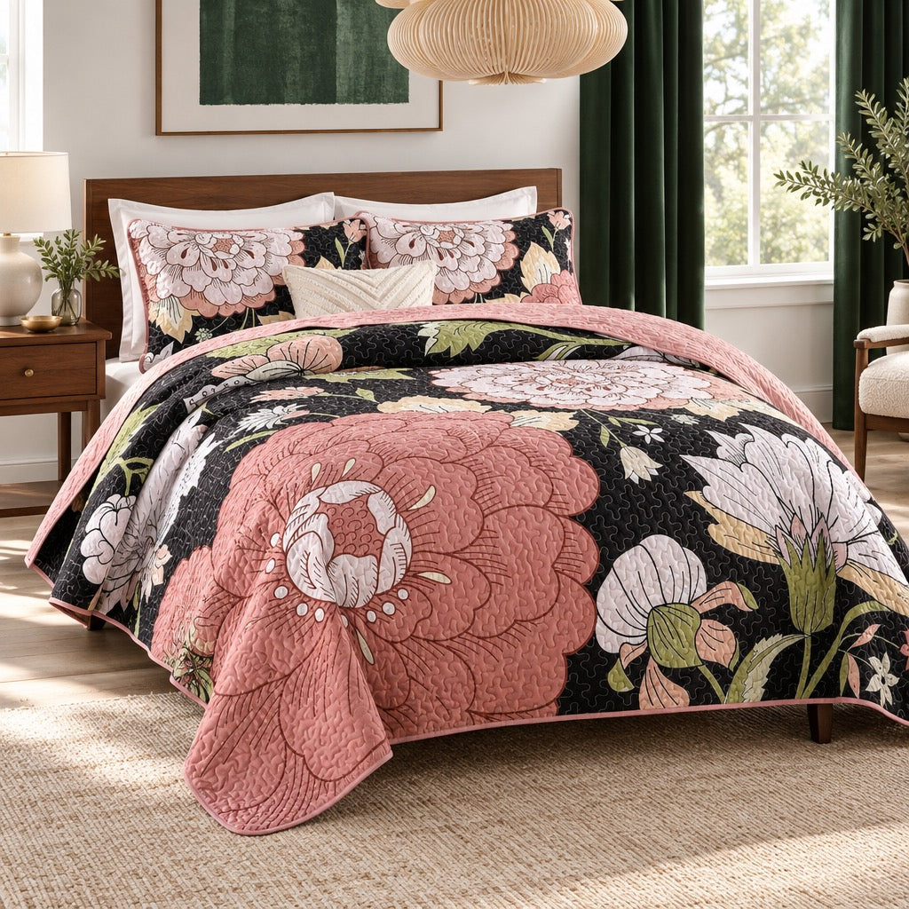 NEW Anthropologie Black & Pink Floral Boho Queen / King Bedding Quilt & Sham Set