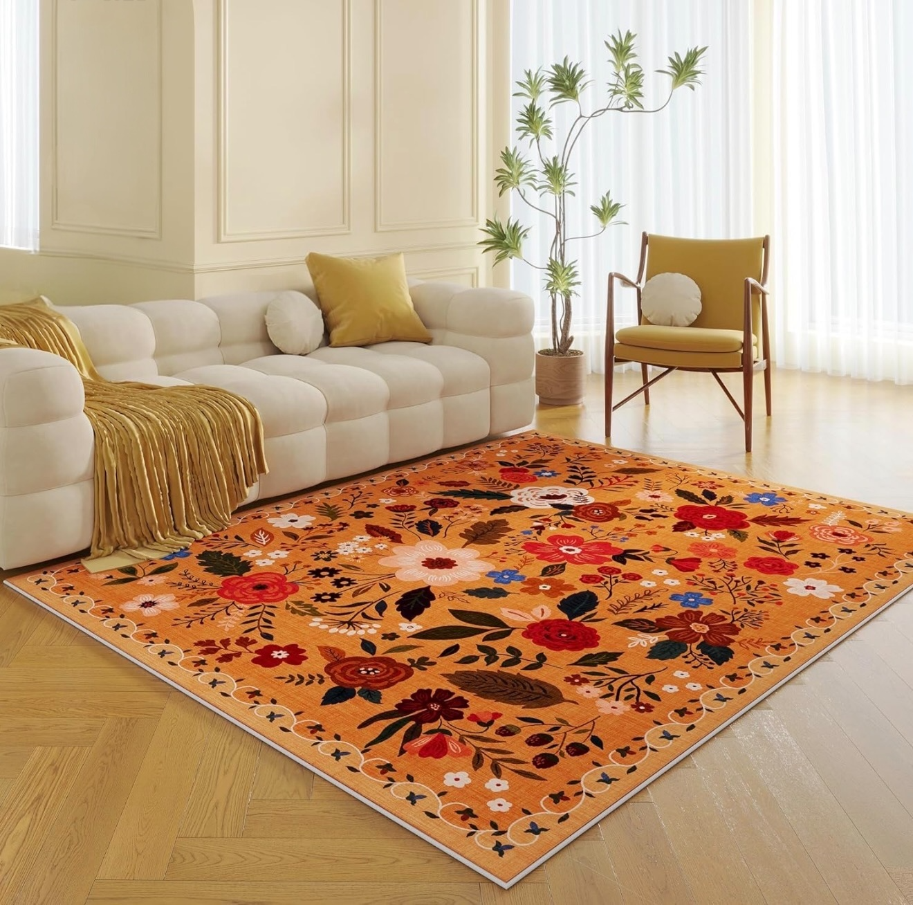 NEW Anthropologie Orange Floral Boho Vintage Multicolor  Area Rug Carpet 5' x 7'