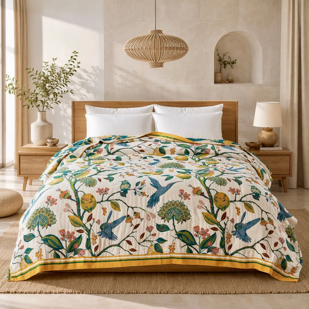 NEW Anthropologie Boho Bird Orange Blue Queen Blanket Bedspread Quilt 80" x 90"