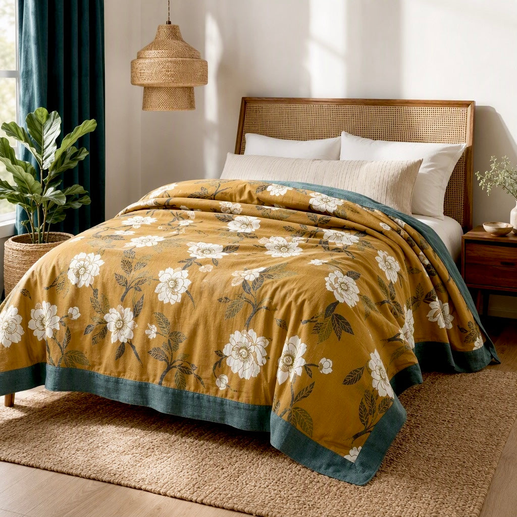 NEW Anthropologie Boho Orange & Teal Floral Throw Blanket Bedspread - 60" x 80"