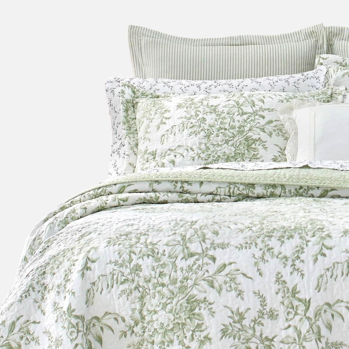 NEW West Elm Green White Floral Vintage Cotton Queen King Bedding Quilt Sham Set