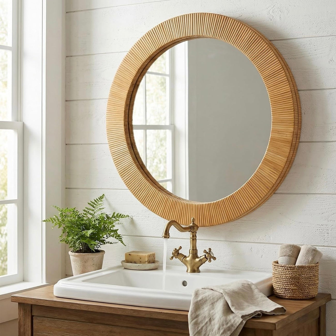 NEW West Elm Large Round Mirror Wicker Wood Boho Wall Hanging Decor - 24” Diam