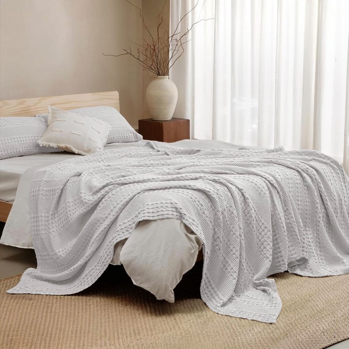 NEW West Elm Grey Woven Waffle Knit Cotton Boho Cozy Queen Blanket - 90" x 90"