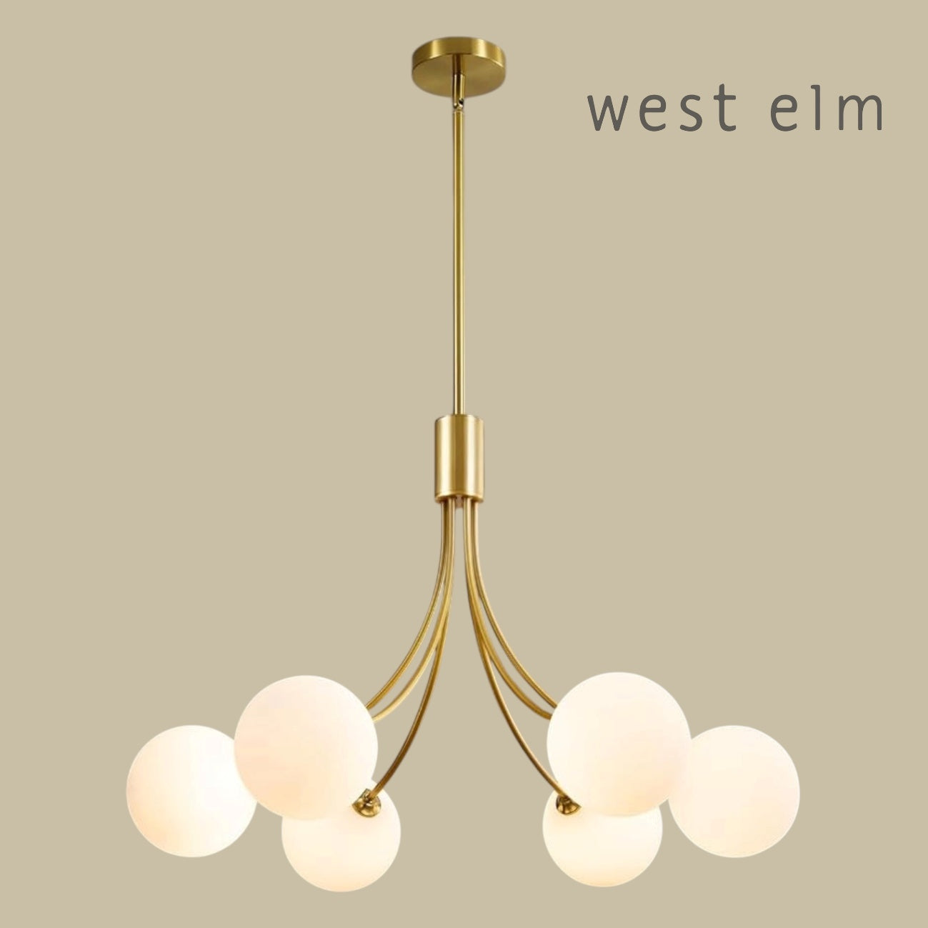 NEW West Elm XL 6-Light Gold & White Globe Boho Chandelier Hanging Light Fixture