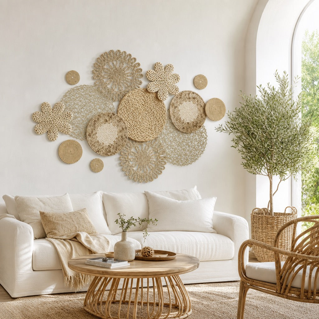 NEW West Elm XL Woven Wicker Rattan Seagrass Boho Wall Hanging Baskets Set of 13