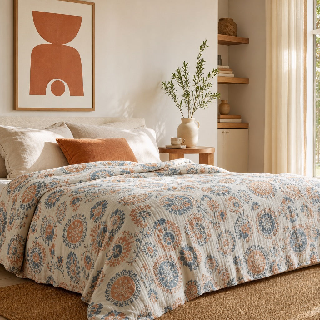 New Anthropologie Boho Reversible Throw Blanket Bedspread Quilt - 80" x 60"