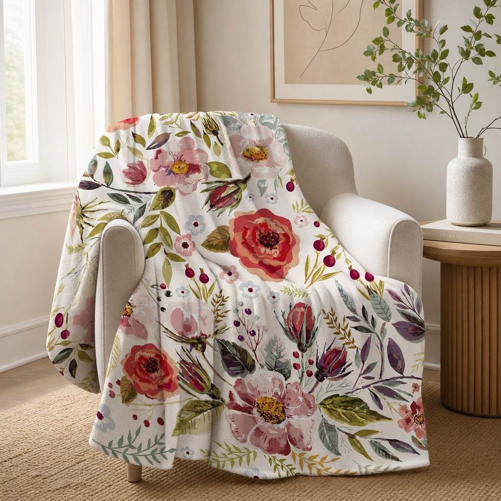 NEW Anthropologie Boho Fleece Floral Throw Blanket Bedspread Bedding - 80" x 60"