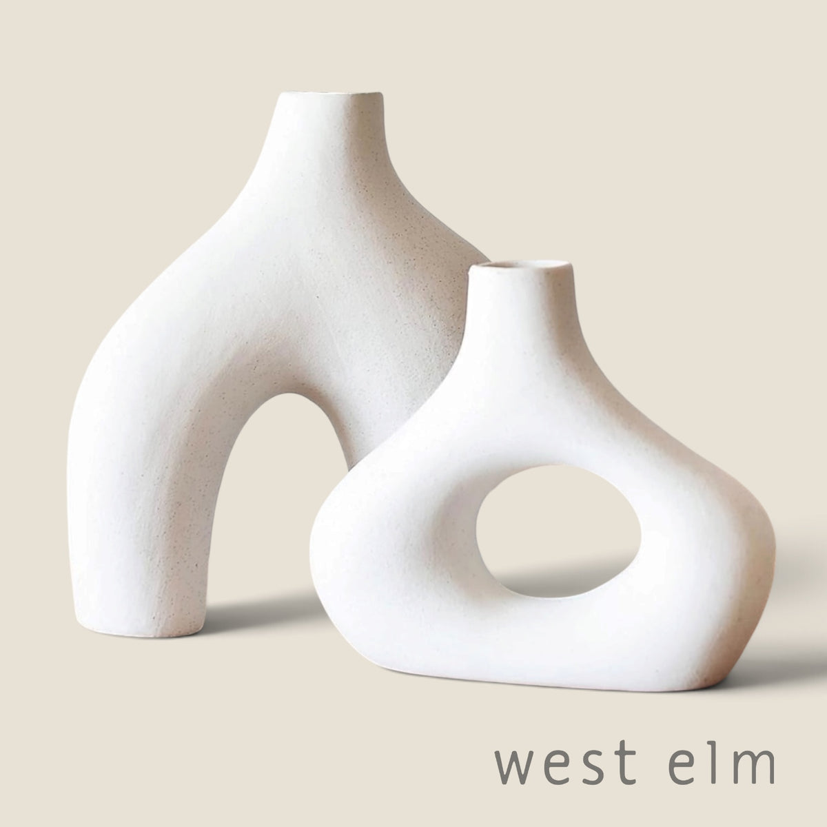 NEW West Elm (Set 2) Large Cream Abstract Boho Ceramic Abstract Flower Vase Set
