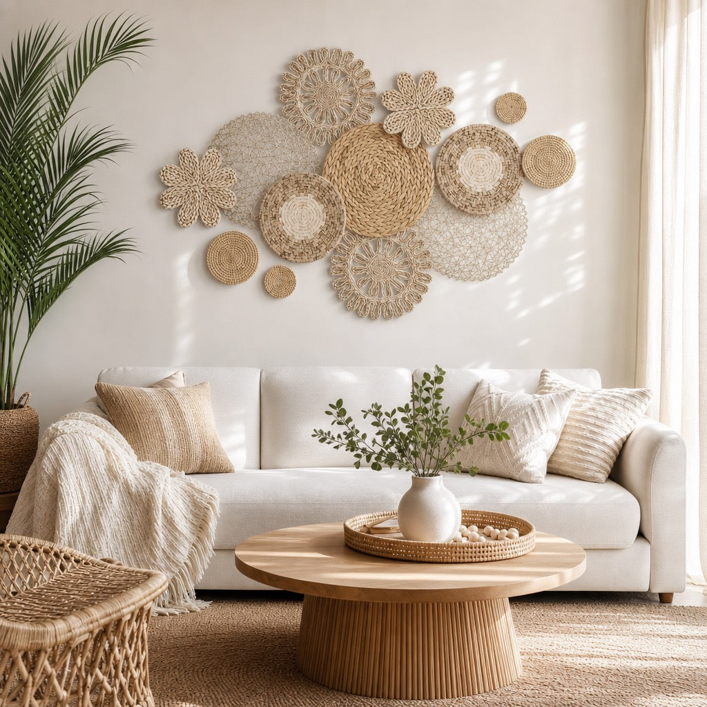 NEW West Elm XL Woven Wicker Rattan Seagrass Boho Wall Hanging Baskets Set of 13