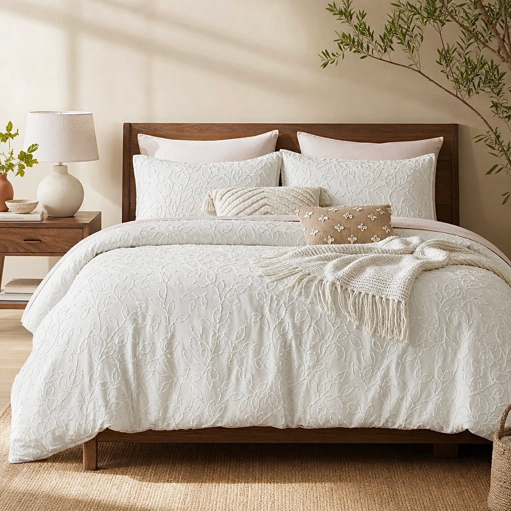 NEW Anthropologie Ivory Beige Tufted Floral Boho Comforter Bedding & Sham Set