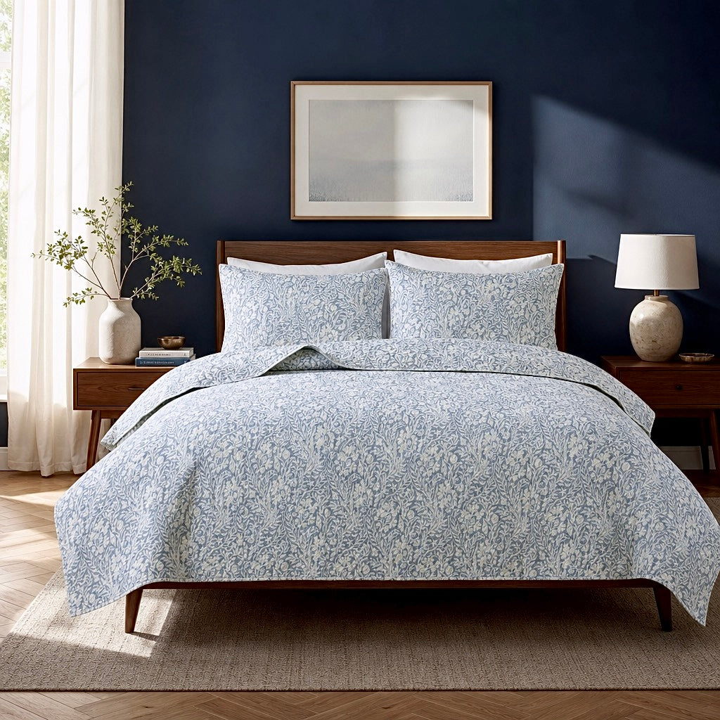 NEW West Elm Blue Botanical Boho Print Queen / King Bedding Quilt & Sham Set