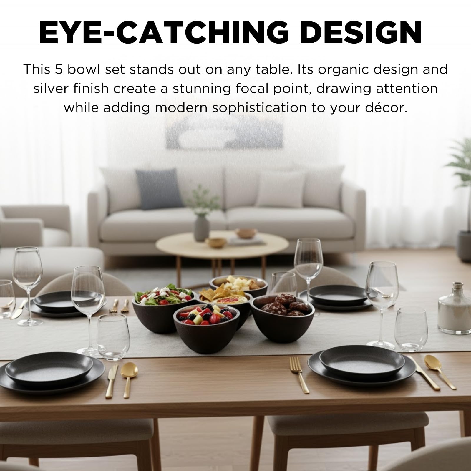 5 Bowl Organic Set – Modern Multi Section Serving Dish | Bowls for Snacks Salads Fruits Desserts
