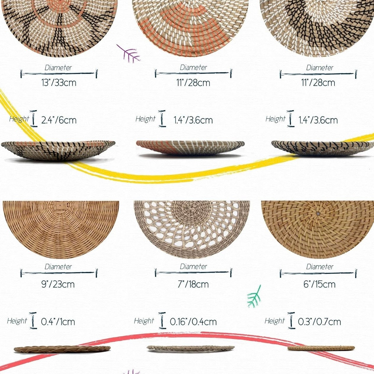 NEW West Elm XL Woven Wicker Rattan Seagrass Boho Wall Hanging Baskets - Set / 6